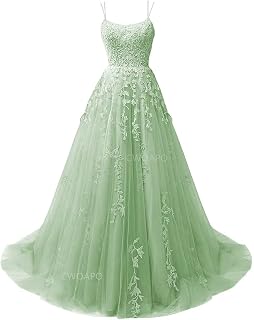 CWOAPO Spaghetti Straps Long Prom Dresses 2025 Ball Gown Lace Appliques Tulle Prom Dress with Pockets Wedding Gowns for Women