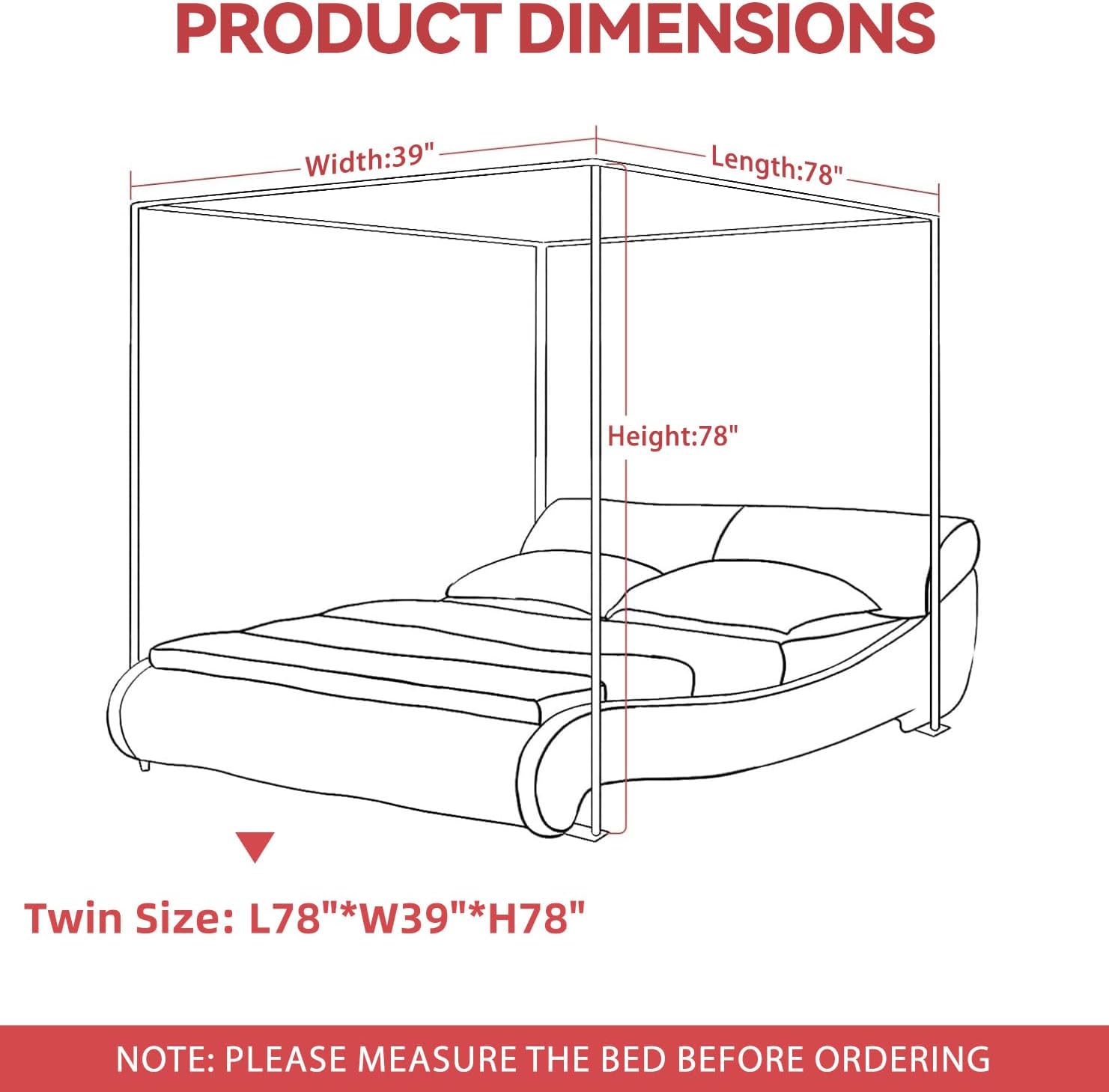 Canopy Bed Frame Stainless Steel Queen Size Bed Canopy Frame & Bed Poles, Fit for Four-Corner Bed and Mosquito Curtains, Queen (Silver)