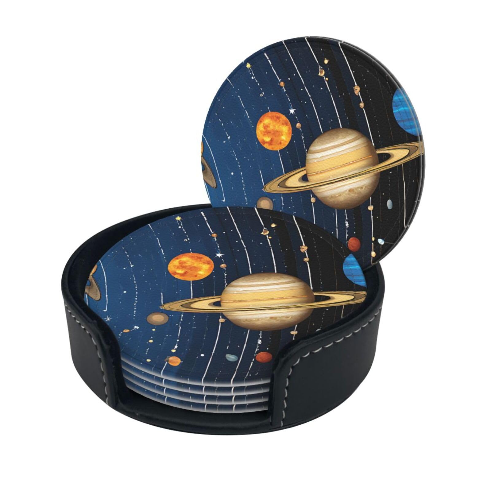 Outer Space Solar System Print Coaster,Round Leather Coasters with Storage Box for Wine Mugs,Cold Drinks and Cups Tabletop Protection (6 Piece)