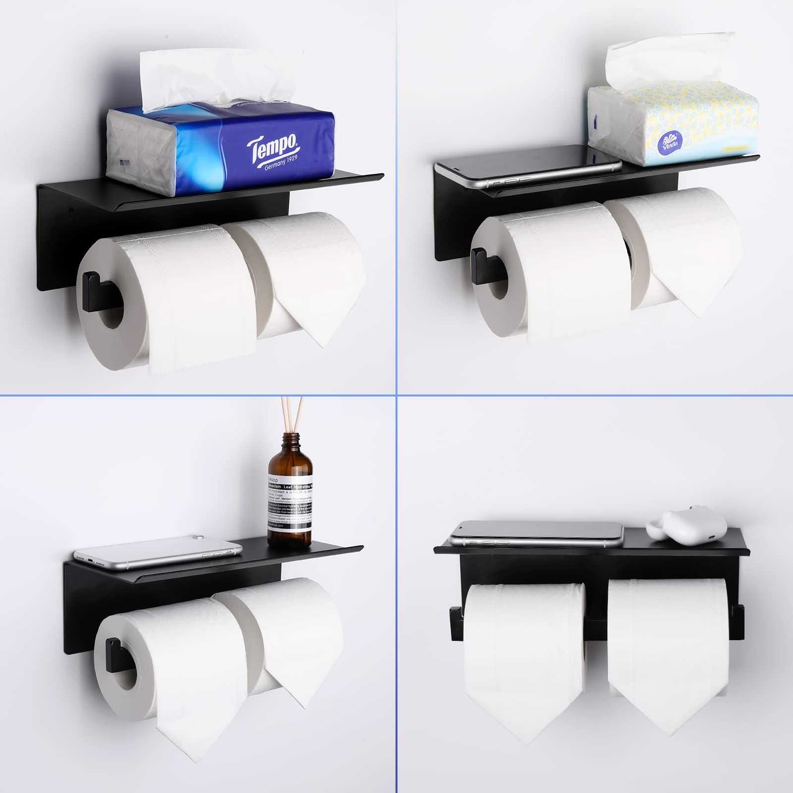Porta carta igienica con ripiano da parete, dispenser di carta igienica per bagno, doppio rotolo di carta igienica con ripiano per telefono, in acciaio inox, nero opaco