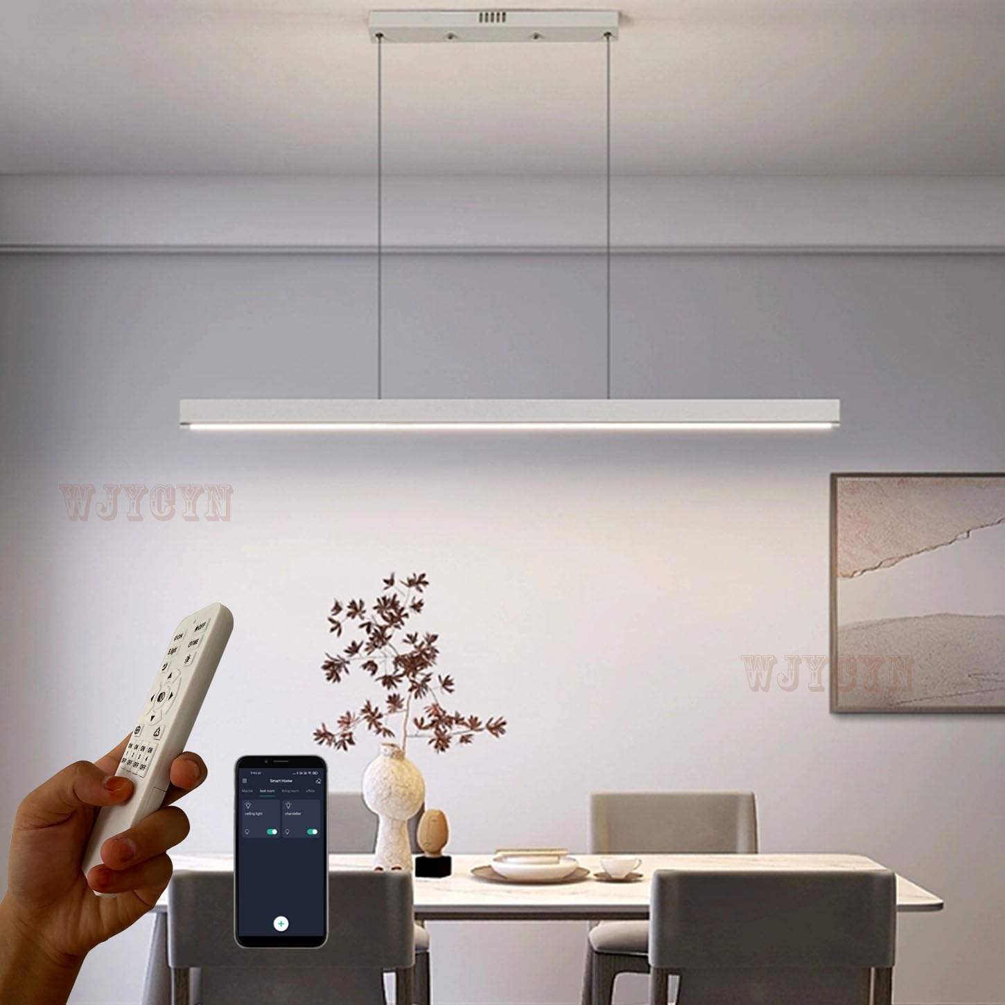Moderno LED pendente Tavolo da pranzo Dimmerabile Materiale acrilico Lampada a sospensione Lampada da sala da pranzo Design lineare Lampadario con telecomando per ristoranti Ufficio L150cm 60W Bianco