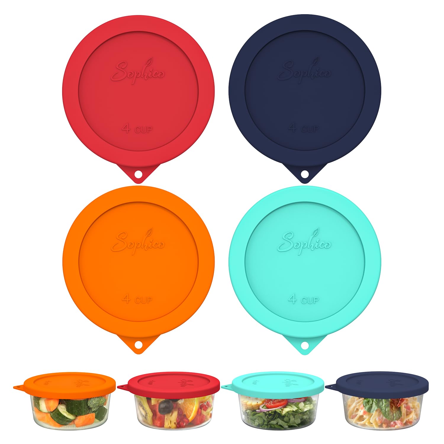 Sophico 4 Cup Round Silicone Storage Cover Lids Replacement for Anchor Hocking and Pyrex 7201-PC Glass Bowls (Container not Included) (Mix) 4 Pack