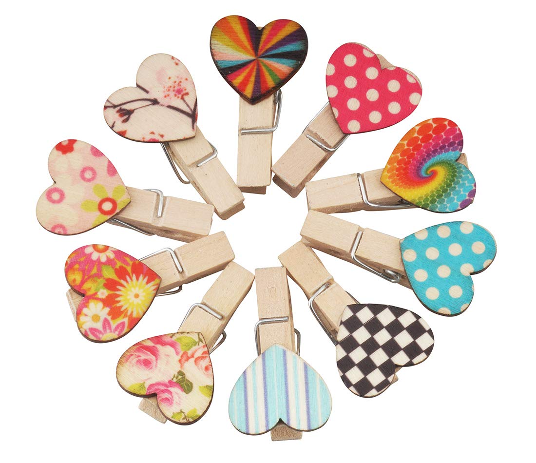 ALLinONE Mixed Color Mini Heart Head Wooden Clips Photo Paper Peg Pin Clothespin Craft Clips with Natural Twine (100)