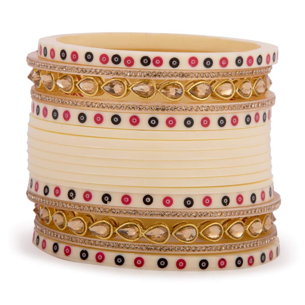 DARSHAN LAL & SONSWomen's White Panjabi Chuda Chura With Golden Kundan Kadas