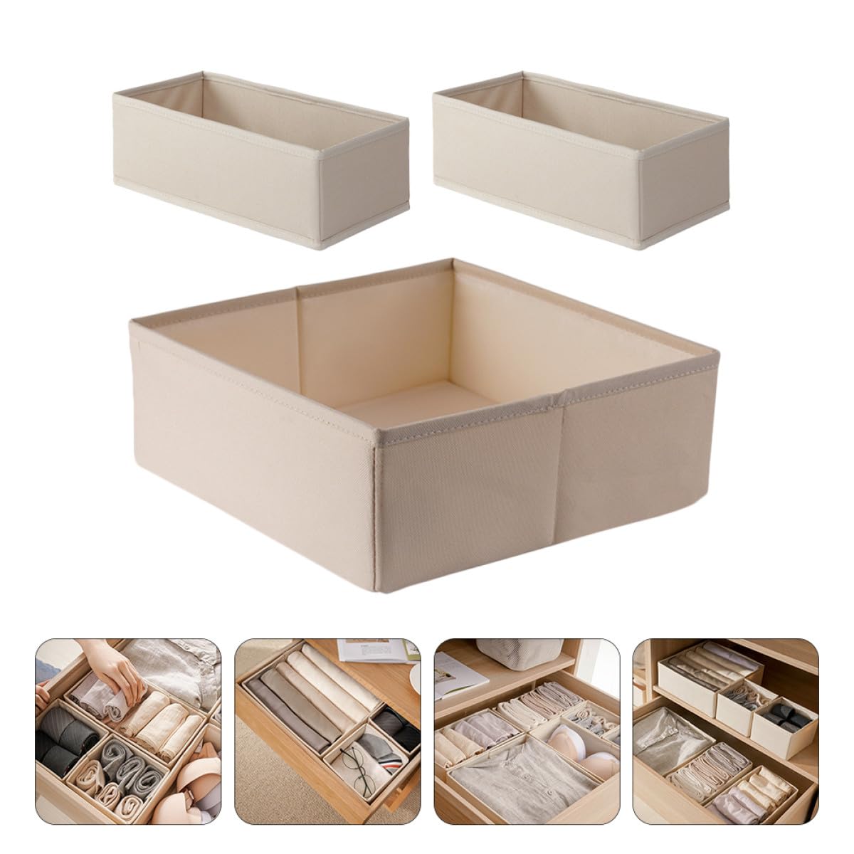 Healvian Set 3 Organizer per Cassetti Beige, Scatole Portaoggetti per Biancheria Intima Scomparti, Organizer per Reggiseni e Calzini per Armadio e Casa