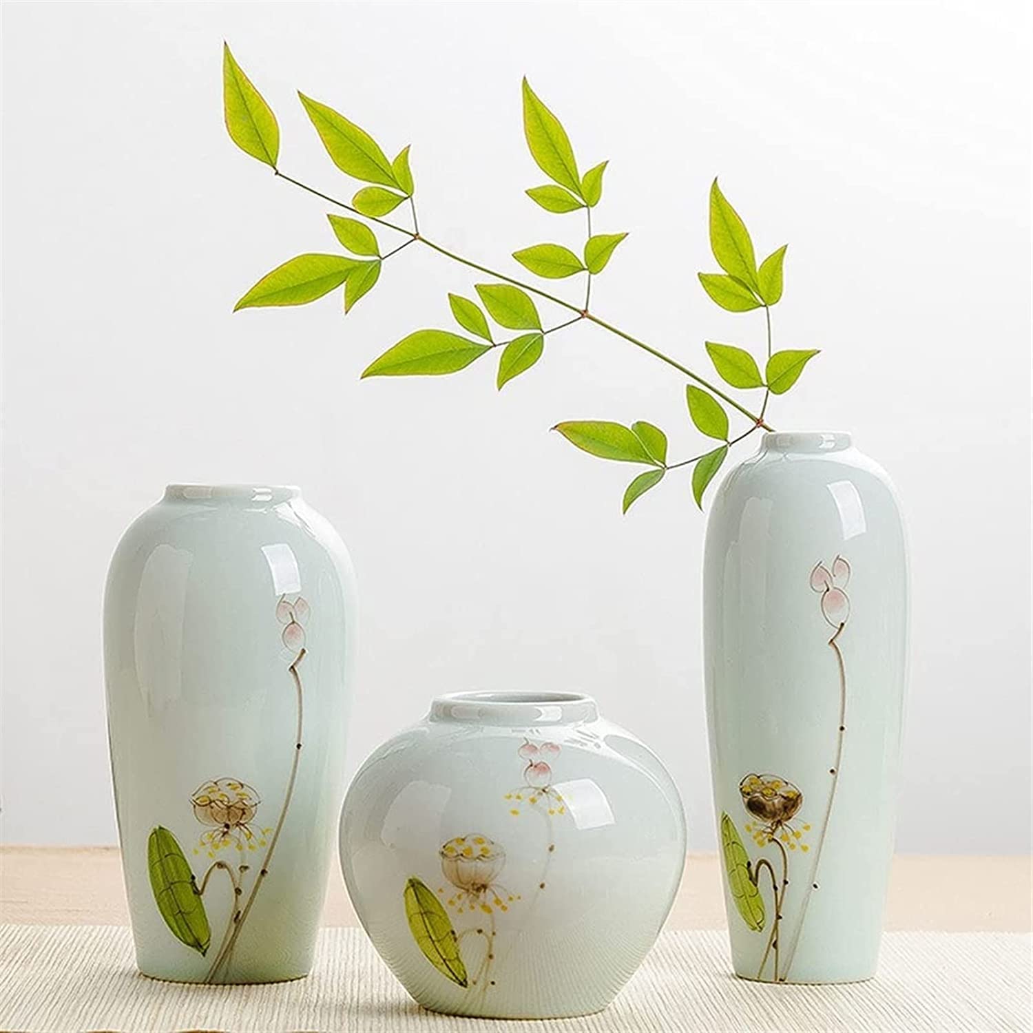 OLOTU Moda Florero de Estilo Chino, floreros de cerámica Blanca, jarrón de Loto Pintado a Mano, hogar, Restaurante, Mesa de Centro, decoración de Escritorio Decoración