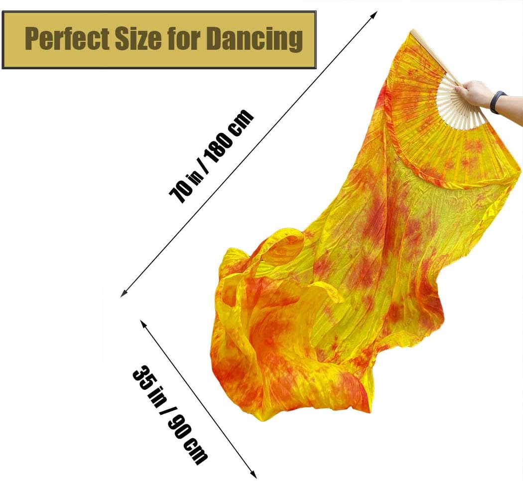 Beyiwenoo 1 Pair (Left+Right) Premium Silk Belly Dance Fan Veil, Orange Fire Effect Folding Fans, Designed for Dancing Show and Flow Arts, Length 71" Width 35" : Sports & Outdoors