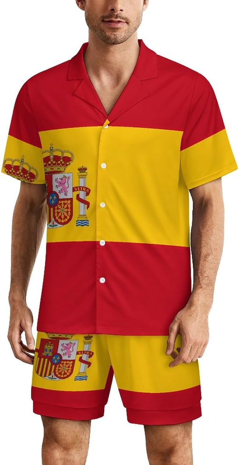Spain Flag Men's Short Sleeve Pajama Set Satin Silk Like Lounge Sleepwear