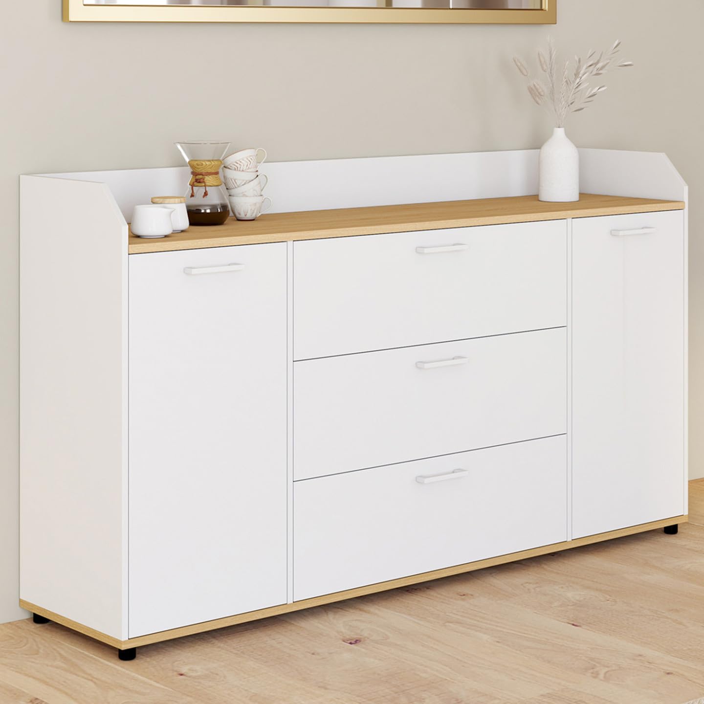 IDMarket - Buffet 140 cm JABA Blanc et Plateau Bois façon hêtre