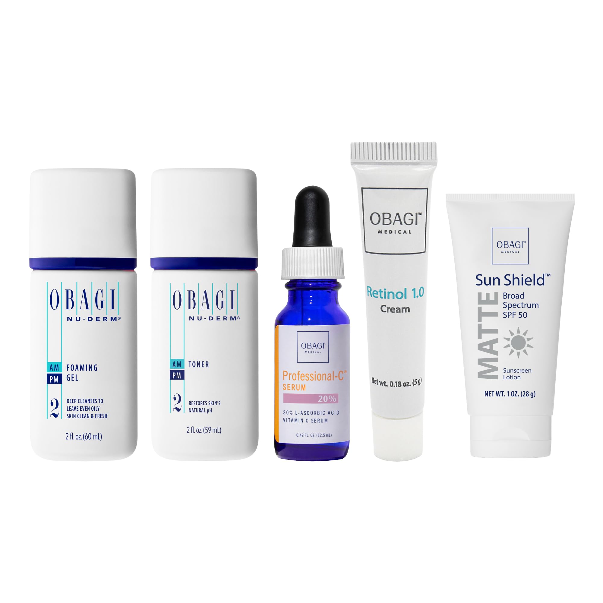 ObagiSkin Care Essentials Travel Set – Obagi Nu-Derm Foaming Gel & Obagi Nu-Derm Toner, Obagi Professional-C Serum 20%, Obagi Medical Retinol 1.0 Cream, Obagi Sun Shield Matte Broad Spectrum SPF 50