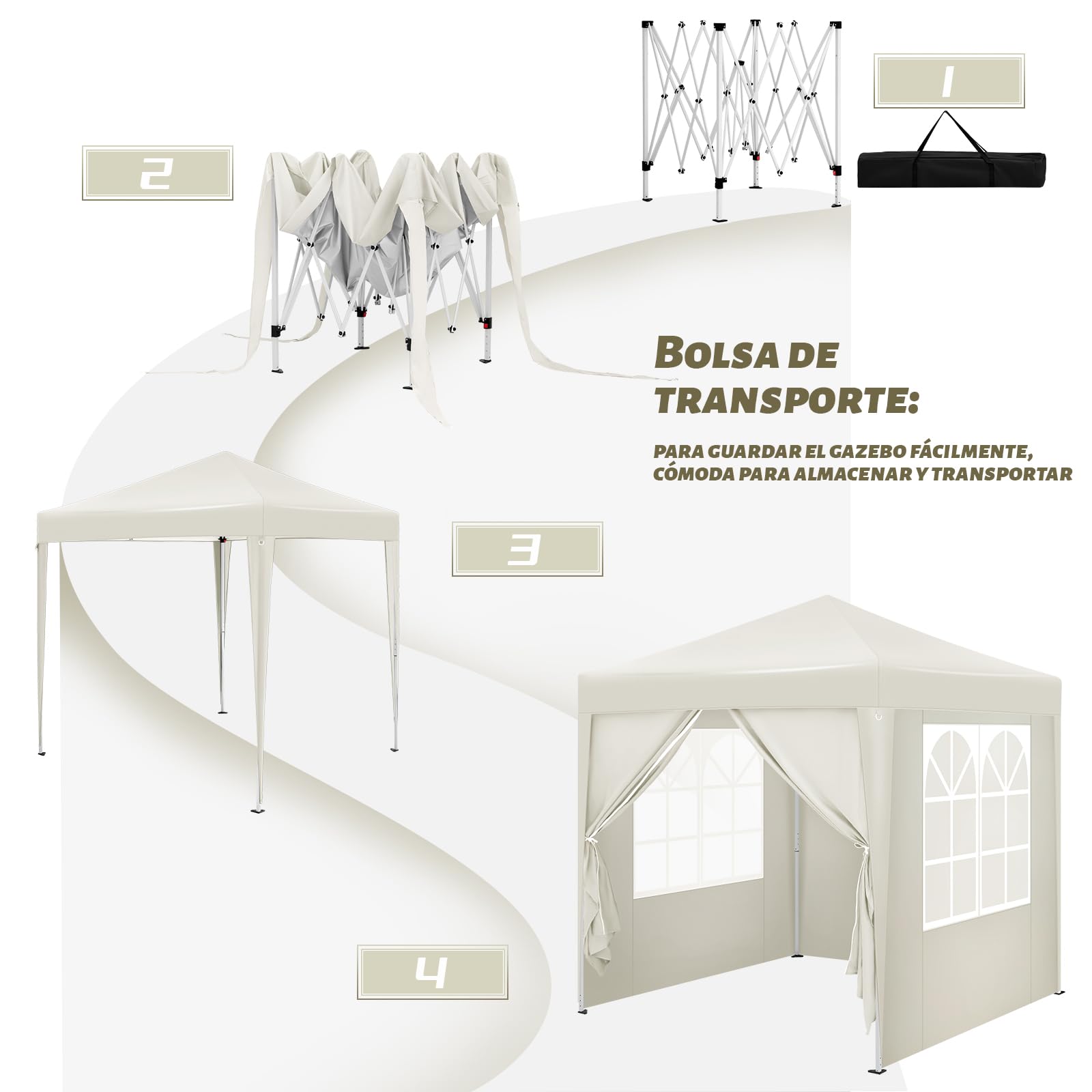 WOLTU Pabellón de Jardín Cenador Plegable Pérgola con Techo Carpa para Exteriores de Tela Oxford, 2x2 m, con Paredes Laterales Altura Ajustable para Camping y Playa, Beige