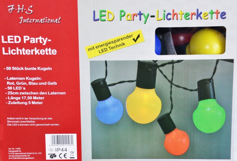 LED Party-Lichterkette 17,5 m mit 50 Kugel-Laternen bunt für innen und außen