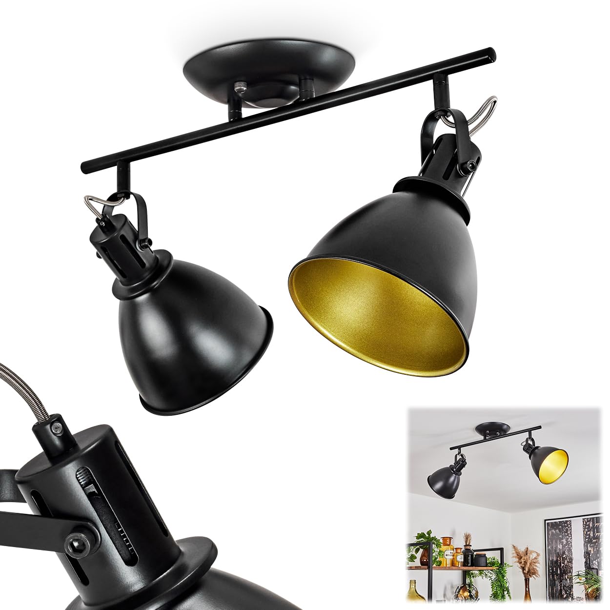 Hofstein Black Koppom Ceiling Light, Metal Ceiling Lamp In /Gold, 2-Flame, With Adjustable Spotlights, 2 X E14 Socket, Retro/Vintage Design Spotlight, Bulbs Not Included
