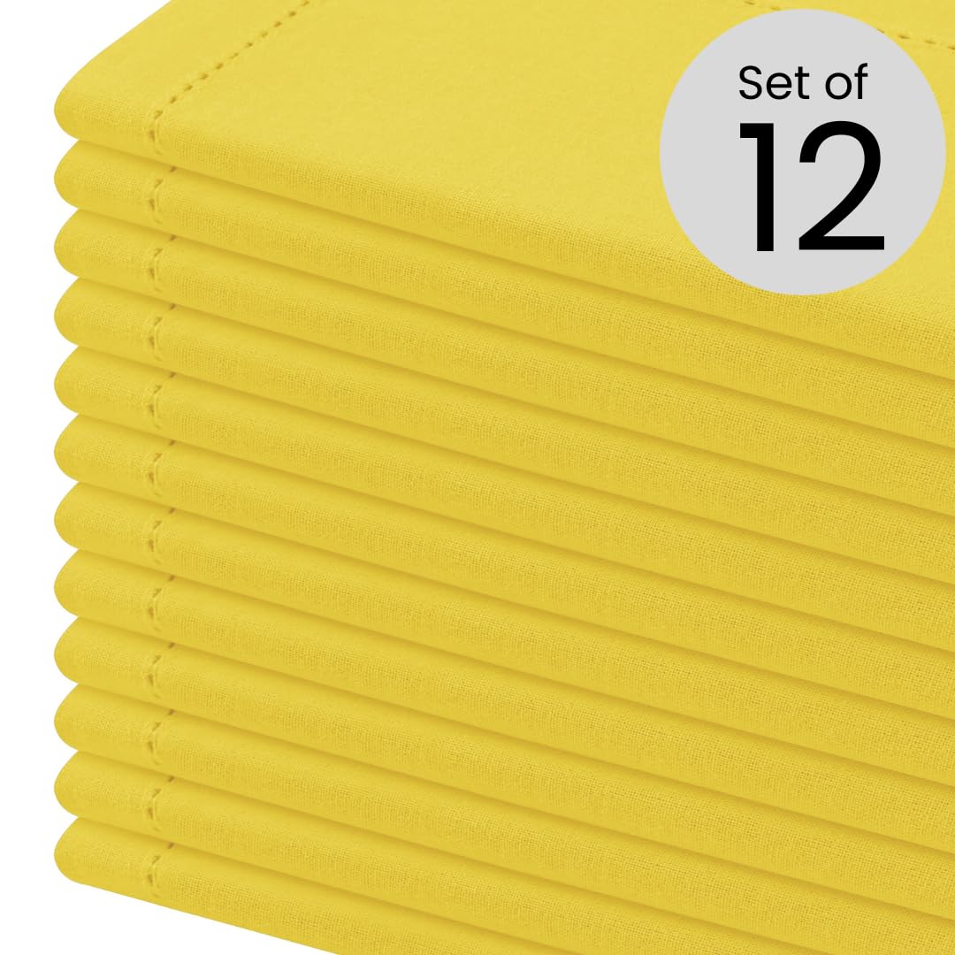 Comfy-co Set of 12 Hemstitch Cloth Napkins 100% Cotton 18x18 inches - Soft Durable Washable - Ideal for Events Wedding Christmas Easter - Perfect Everyday Use Table Dinner Napkins Yellow