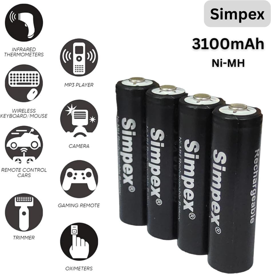 Image of Simpexs 3100mAh High Power Ni-MH 1.2V AA Ready to Use Rechargeable Battery with Quick Charging and Low Self Discharge, Can Charge up to 1000 Times (Pack of 4)
