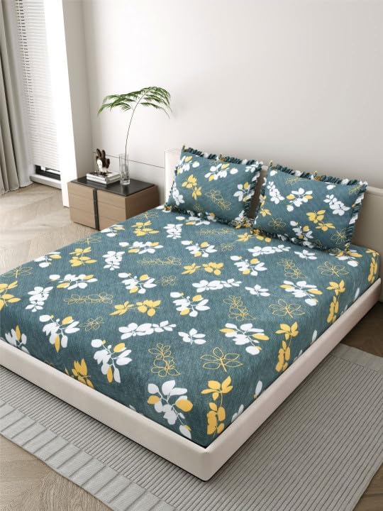 Image of King Size Fitted Bedsheet for Double Bed | 300 TC Cotton Feel Microfiber | All Around Elastic with 2 Frill Pillow Covers | Soft & Durable | (GreenYellowFrill, Fitted -60x78 Queen)