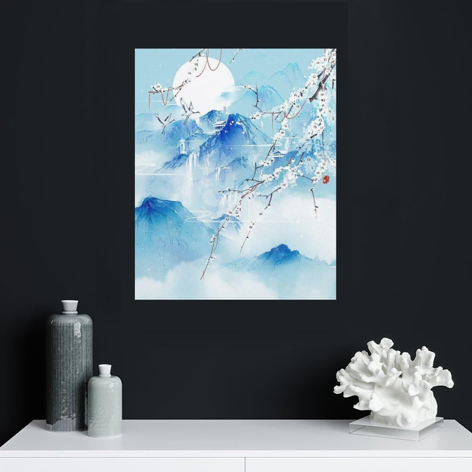 Amazon.co.jp: 絵画 山の景色と木インテリア 絵画 淡い空色の水墨画