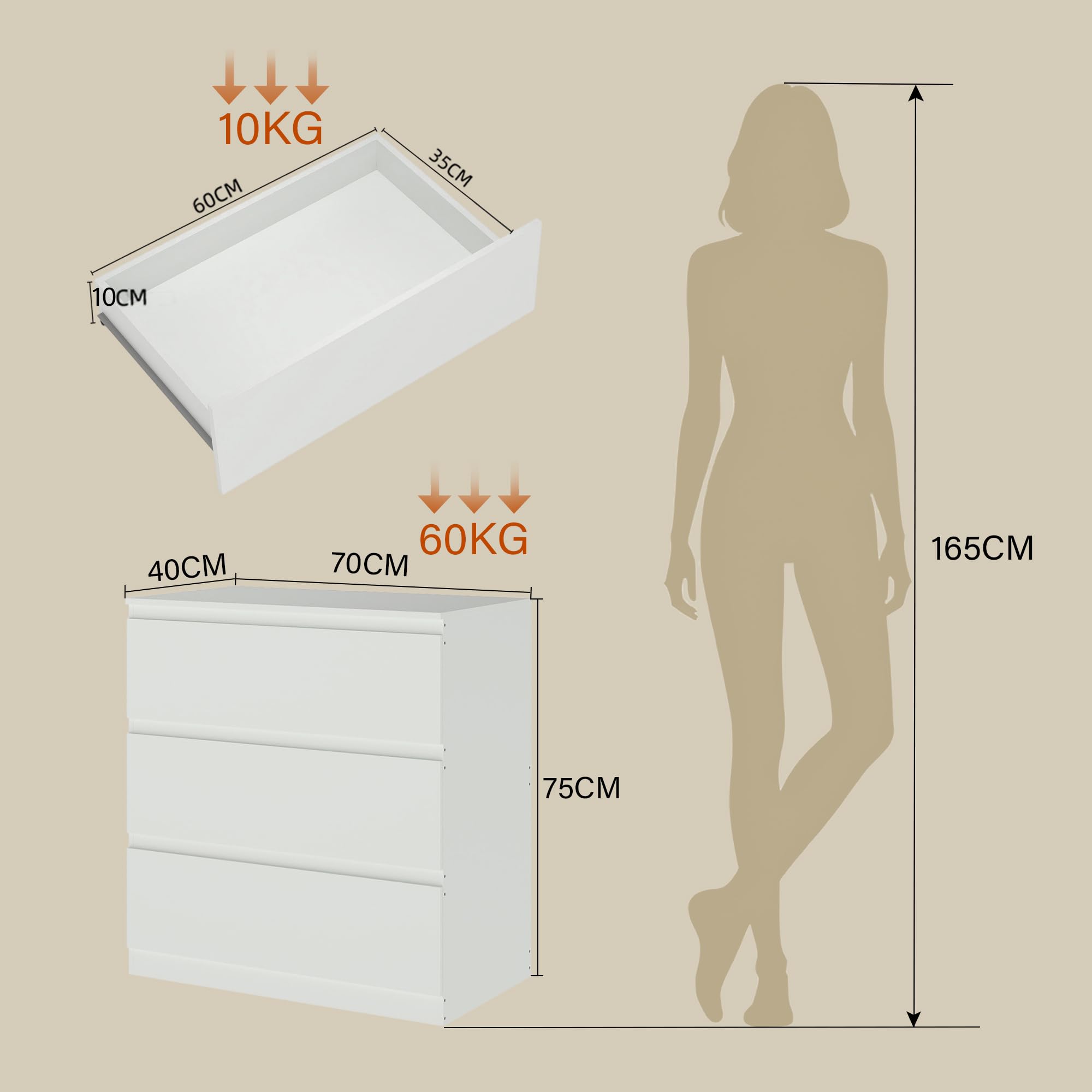 Kommode weiß mit 3 Schubladen, 70 cm Breite Schubladenschrank & Sideboard, Stauraum Kommodenschrank für Schlafzimmer, Wohnzimmer, Büro und Eingang, 70x40x75 cm (LxBxH)