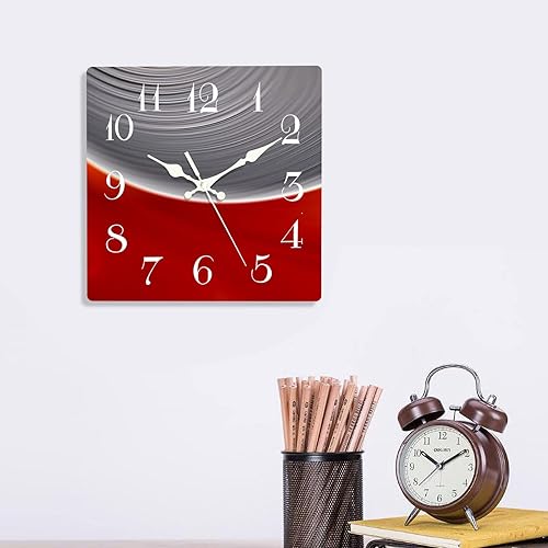 Miniatura 6 de ArtSocket Reloj de pared de madera, silencioso, sin tictac, sombras, línea roja y amarilla, abstracto, moderno, cuadrado, relojes de pared para