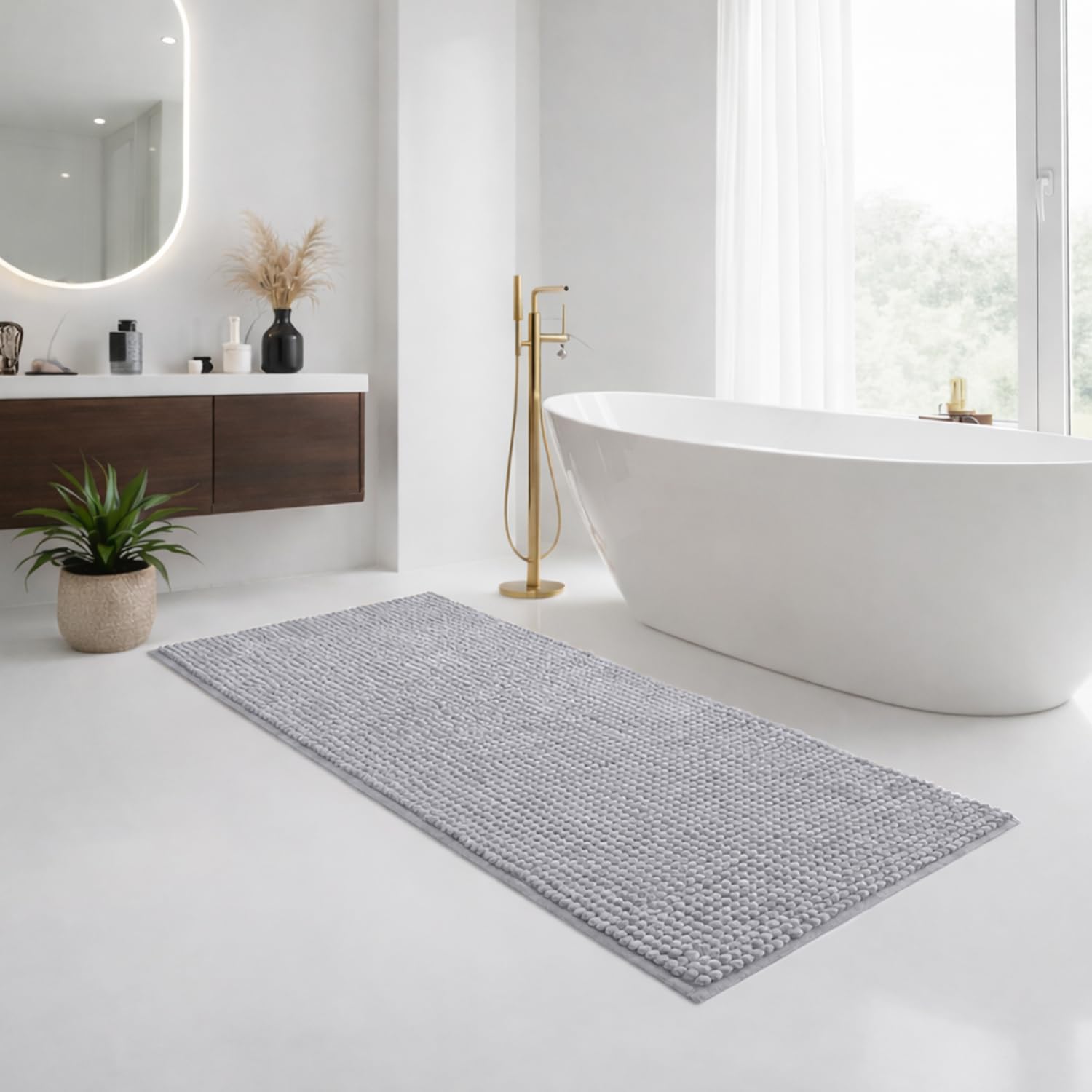Imperial Rooms Bath Mat Non Slip Anti Mould – 60 x 90 cm Light Grey Chenille Shower Mat Machine Washable Bathroom Mat Super Absorbent Extra Soft Fluffy Bath Mats