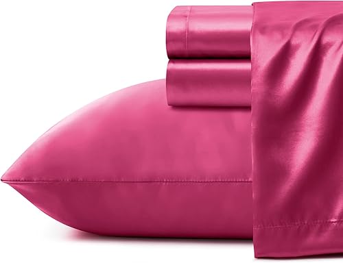 Miniatura 3 de Juego de sábanas de satén de 4 piezas con bolsillo extra profundo, juego de sábanas de satén rosa intenso para colchón de bolsillo profundo de 18 a