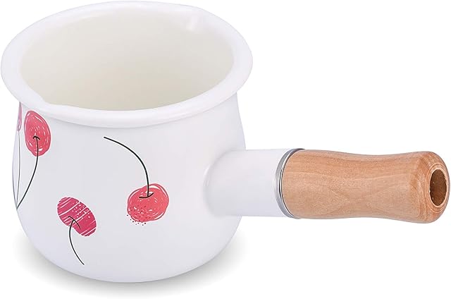 YumCute Home Enamel Milk Pan, Mini Butter Warmer 4 Inch 17 Oz Enamelware Milk Warmer Saucepan Pan Small Cookware with Wooden Handle, Perfect Size for Heating Smaller Liquid Portions