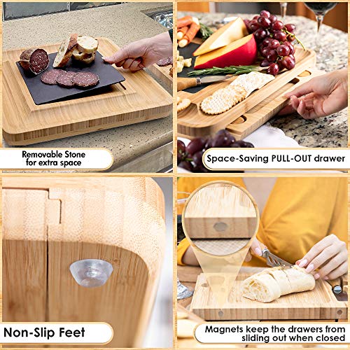 ViralCity Bamboo Cheese Board and Knife Set, Snack Tray Included, 13.8 x 13 x 1.6 Inch Wood Charcuterie Platter for Wine, Cheese, Meat, Large - Thumbnail 6