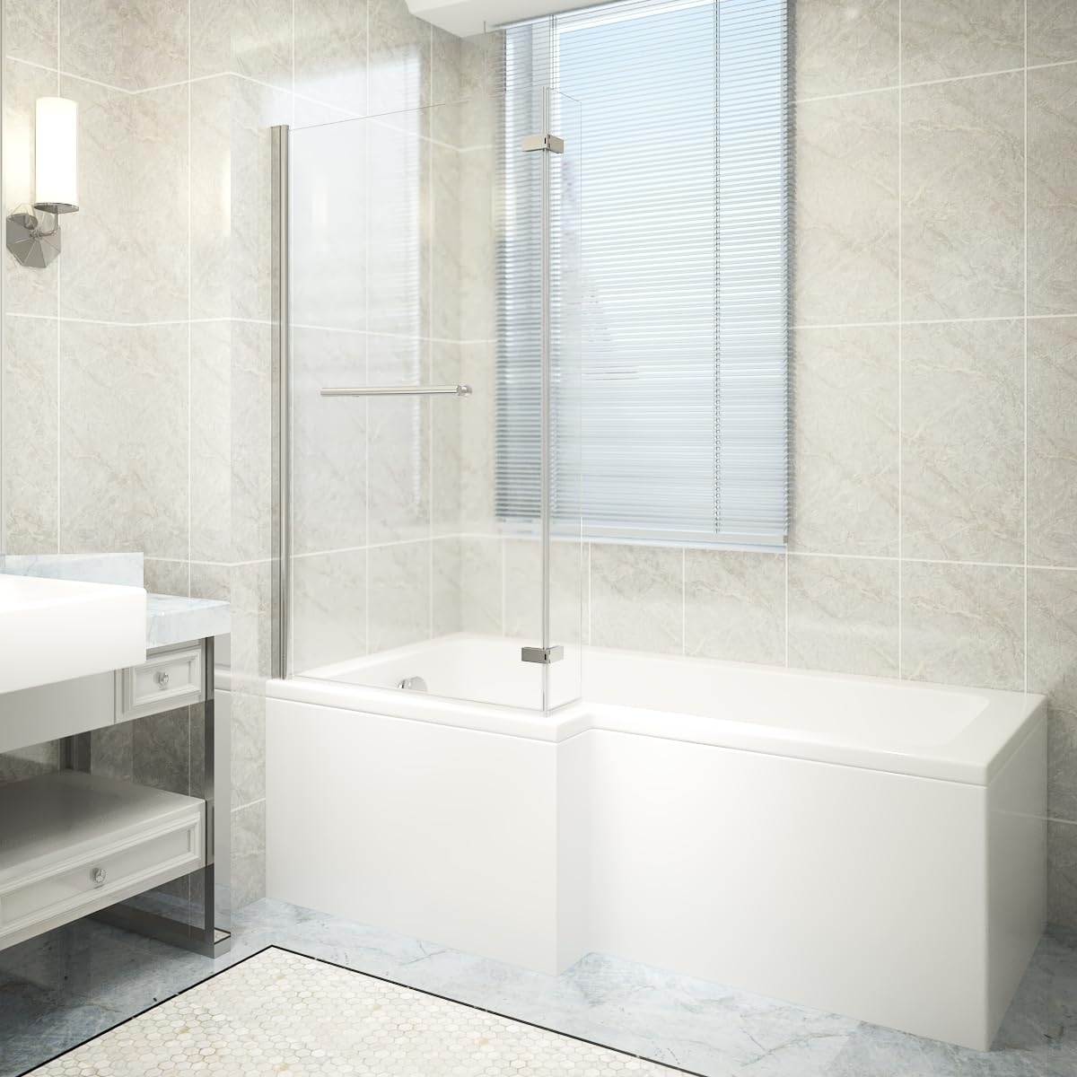 Aquariss Bath Shower Screen with Return Panel Towel Rail 1400x800mm Chrome