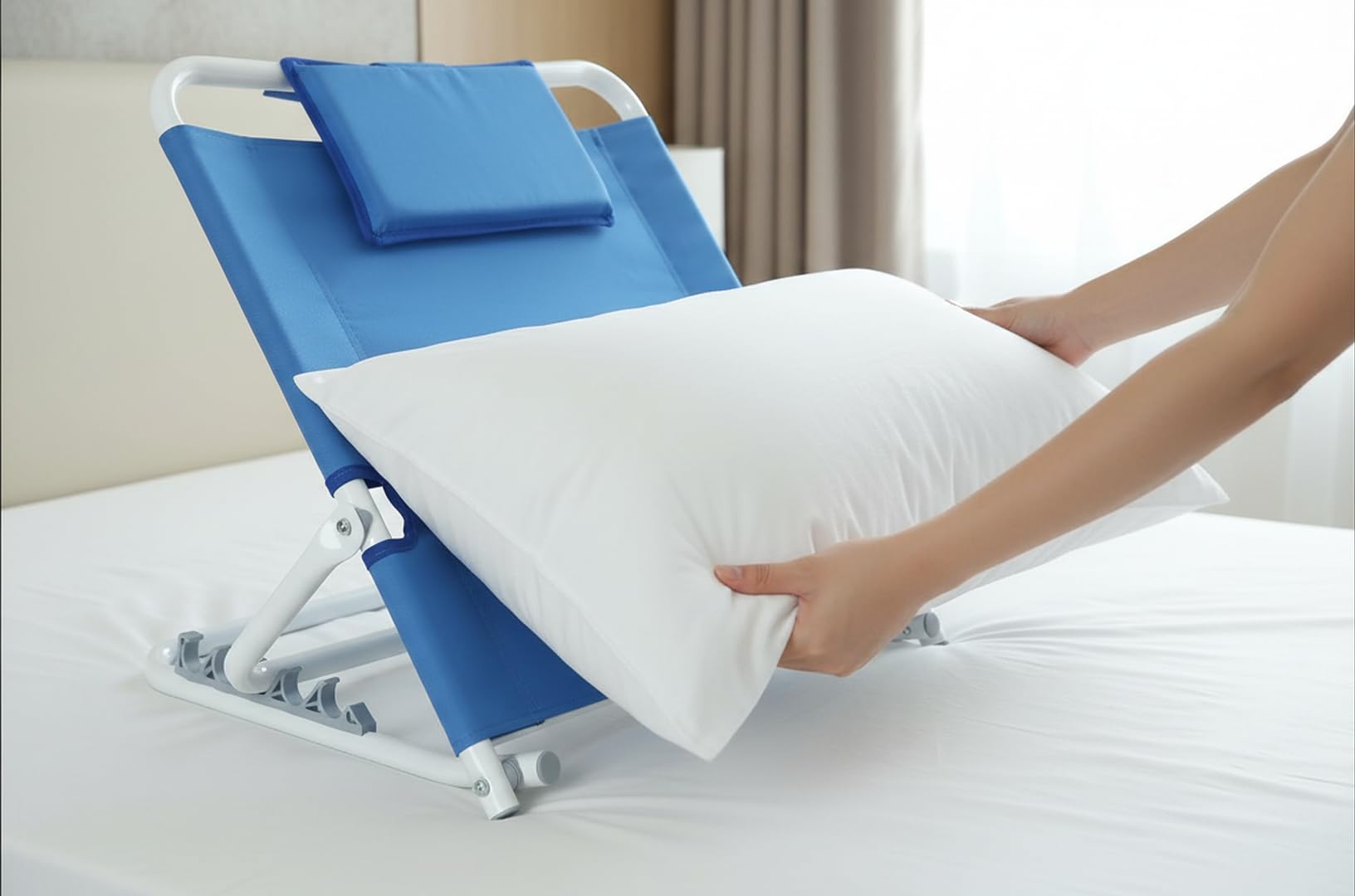 Ausilium Alzacuscino Schienale Regolabile in 5 Posizioni, Struttura in Acciaio, Rivestimento in Nylon Traspirante, Poggiatesta Imbottito, Ideale per Lettura, Relax e Pasti a Letto