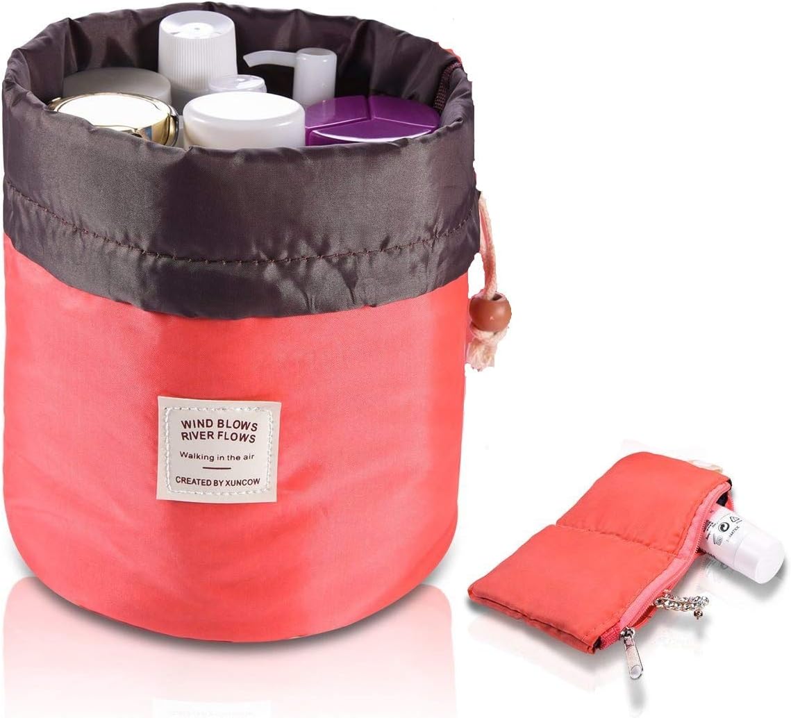 Travel Cosmetic Bags Barrel Makeup Bag,Women&Girls Portable Foldable Cases,EUOW Multifunctional Toiletry Bucket Bags Round Organizer Storage Pocket Soft Collapsible(Rosered)