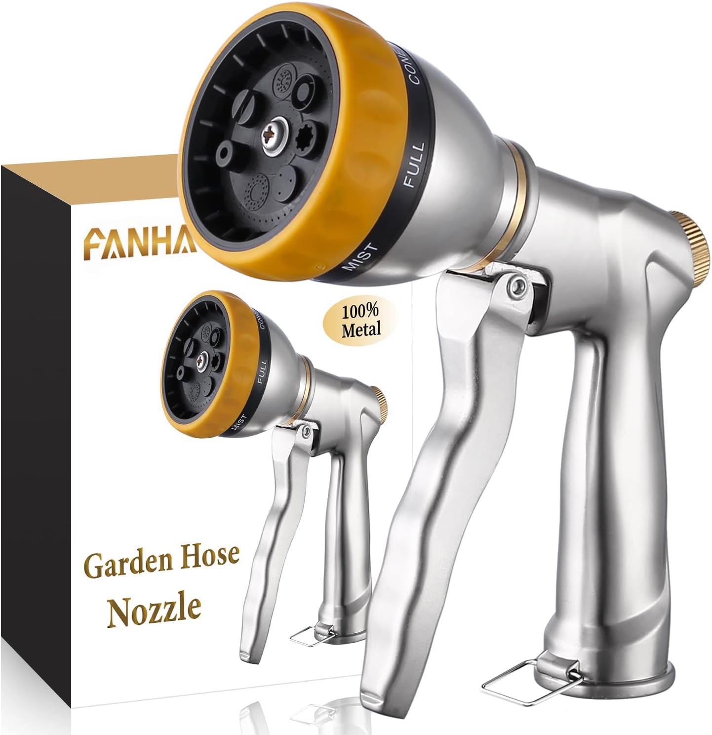 FANHAO Garden Hose Nozzle Heavy Duty, 100% Metal Water Hose Nozzle Sprayer High Pressure Spray Nozzle with 7 Spray Patterns for Watering Garden, Washing Cars and Showering Pets