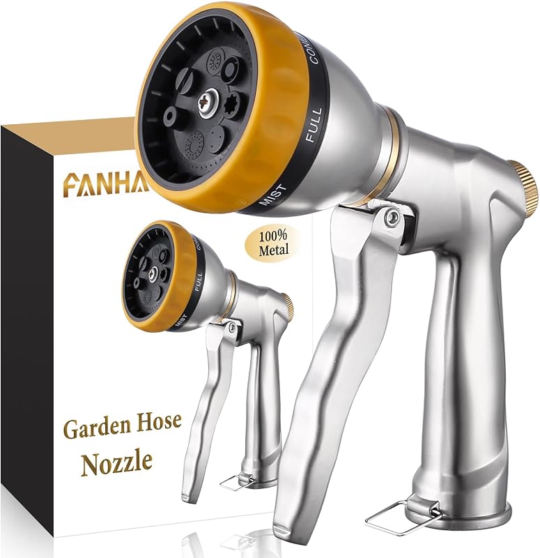 Heavy Duty Metal Garden Hose Nozzle, High Pressure Sprayer Leakproof | 7 Adjustable Spray Patterns, Rustproof Zinc Alloy, Hands-Free Lock, Shockproof Bezel Water Nozzle for Lawn, Plant, Car & Pet