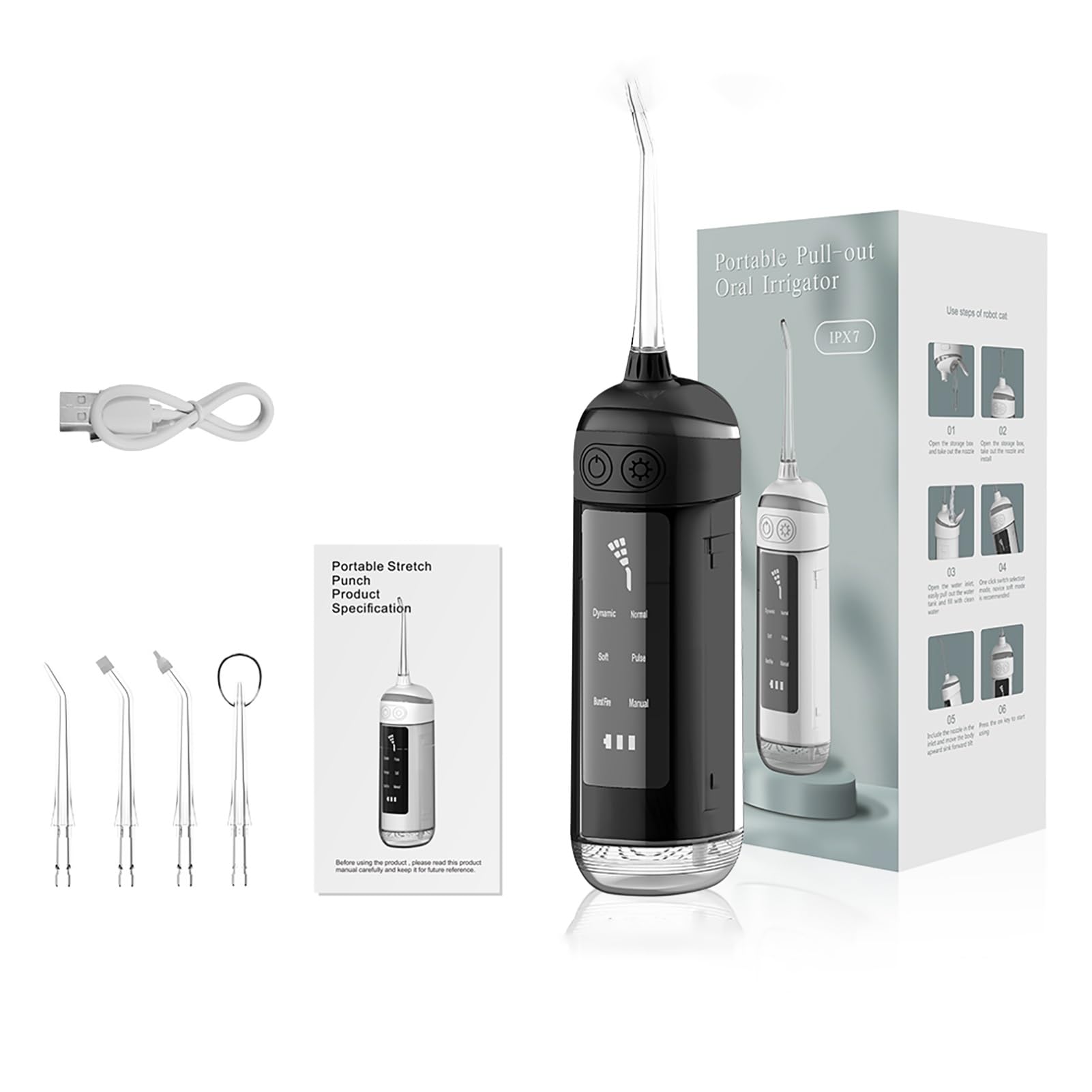Limpiador de Hilo Dental de Agua Recargable 6 Modos de Limpieza, 4 Boquillas, Hilo Dental Portátil Impermeable Ipx7 Adecuado for Viajes y Uso Doméstico (Color : Black)