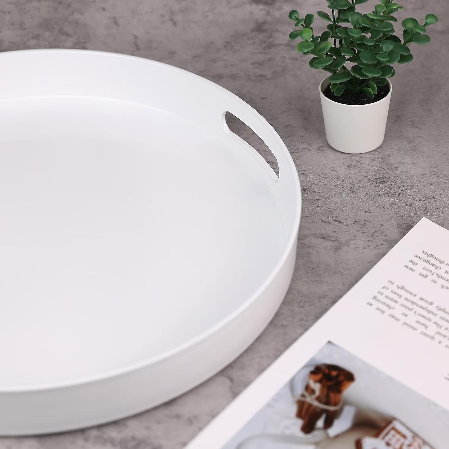 Round White Decorative Serving Tray with Handles, 13” Versatile Ottoman Tray for Coffee Table, Entertaining, Outdoor Patio, Living Room - Image 5