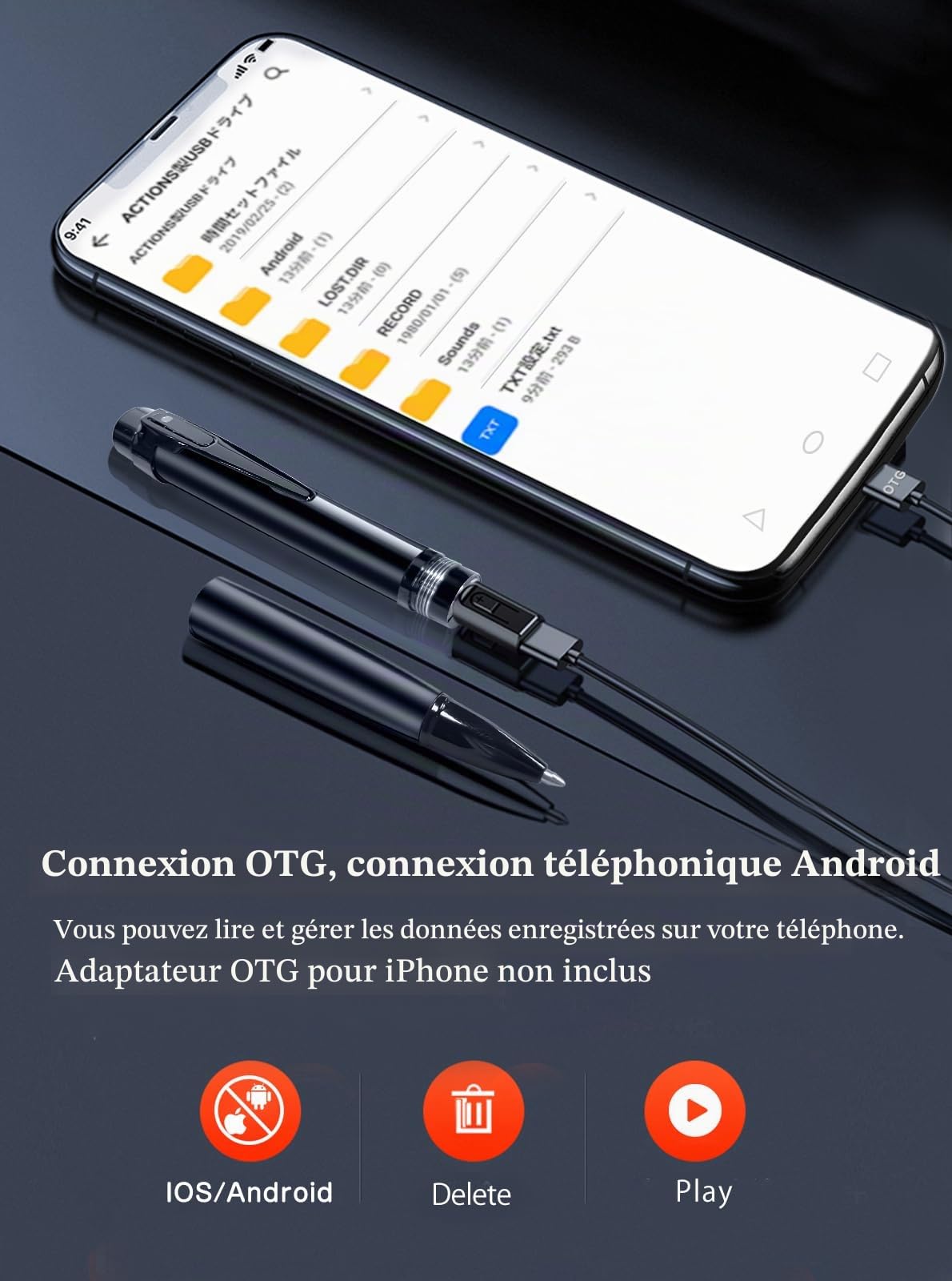 QZT Stylo pour appareil photo, caméra audio HD 1080p et enregistreur vidéo avec OTG pour la maison, les réunions d'affaires en intérieur