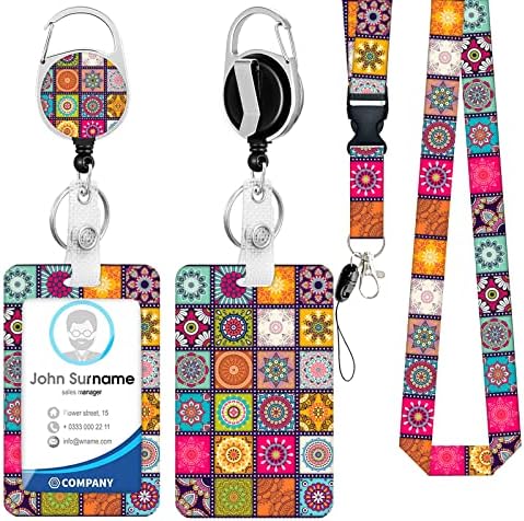 Lanyards for ID Badges and Retractable Badge Reel Clip, Teacher ID Card Holder, Cute Retractable Keychain for Nurse Doctor Office Gifts (Mandala-1)