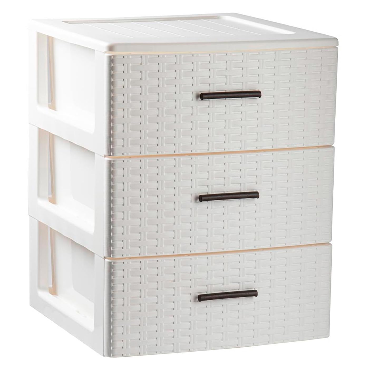 Acan Tradineur - Cassettiera di ordinamento Rin Rattan in plastica - 3 cassetti - Torre multiuso, organizzatore ausiliario, archiviazione, bagno - 46,5 x 36,5 x 36,5 cm - Colore Bianco Tortora