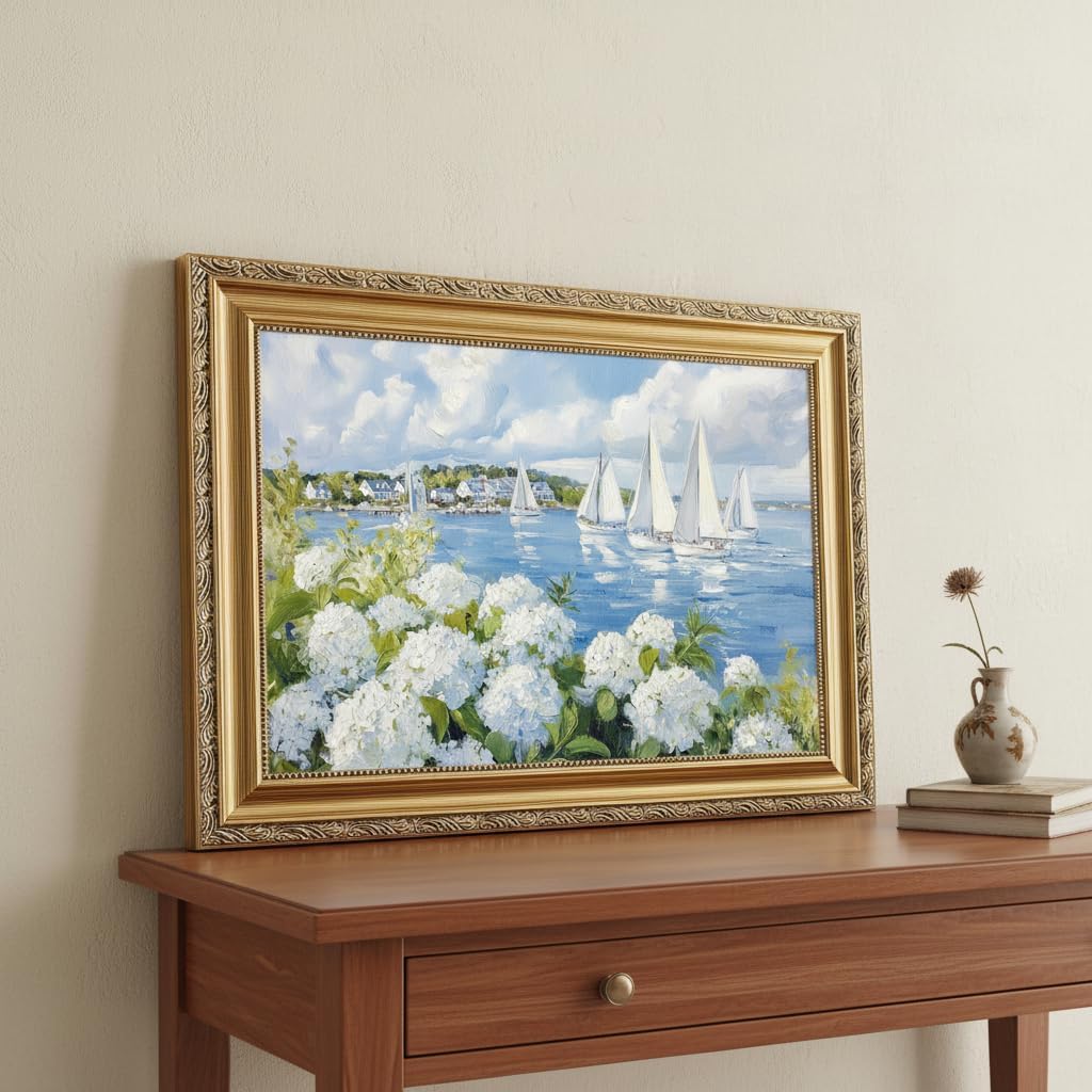 Vintage Gold Frame 3D Texture Coastal Floral Wall Art Summer Ocean Aesthetics Sailing Painting Picture Wall Decor White Hydrangea Poster Print Artwork for Kitchen Bedroom Living Room Home Decoration