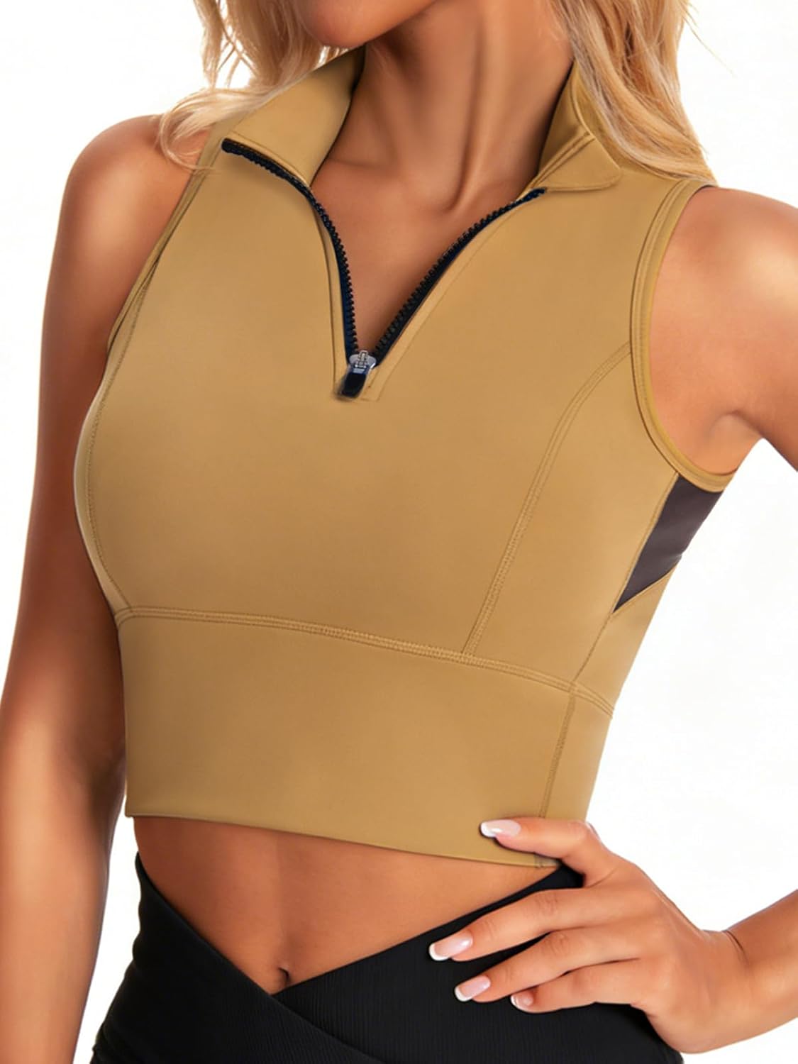 AARYA Cropped Workout Tank Tops for Women Built in Bra Half Zip High Neck Sports Bras Medium Support Sleeveless Athletic Top