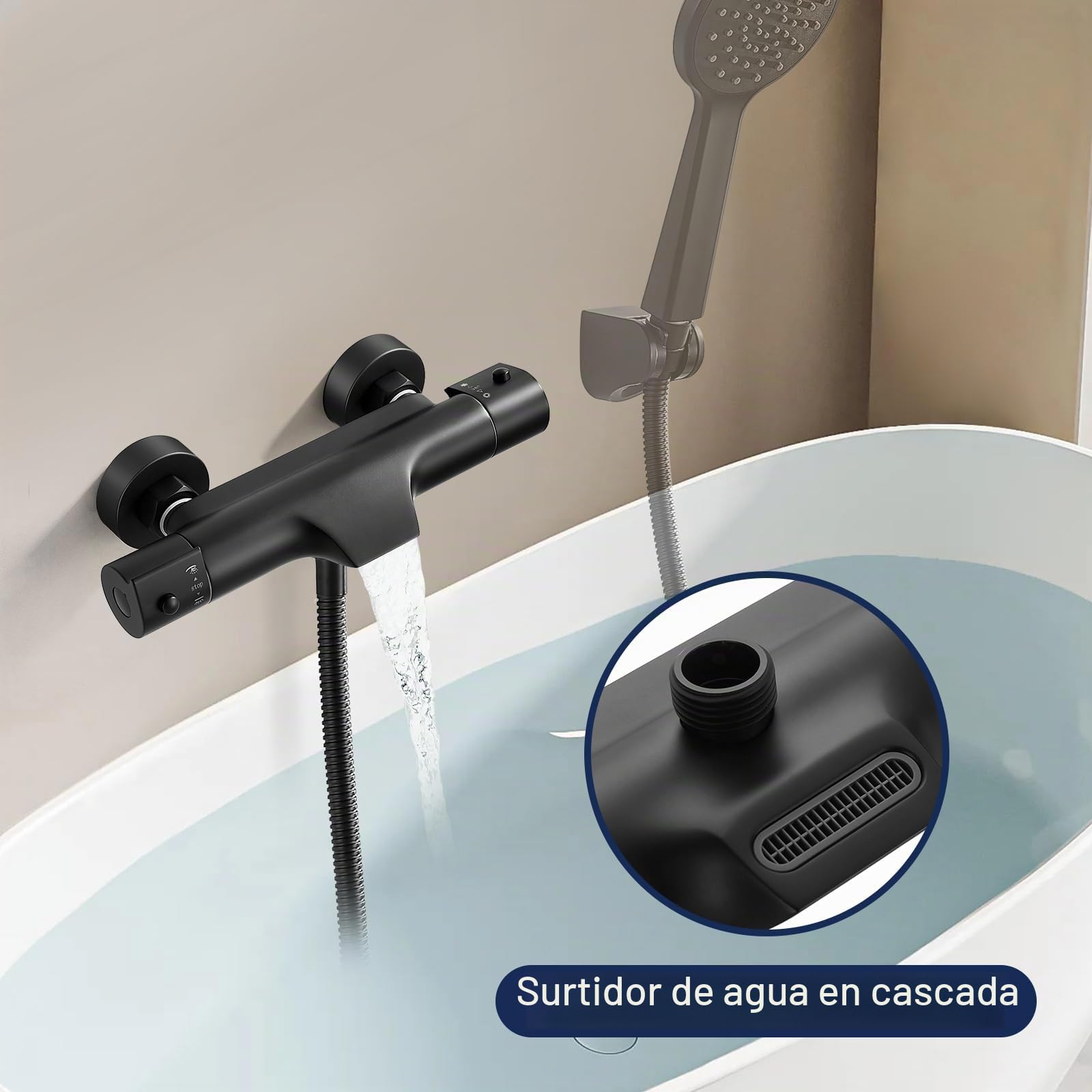 Grifo Ducha Termostático en Cascada Negro, Grifo Termostatico Bañera con el Botón de Seguridad 38 ℃, Grifo Termostático para Bañera y Ducha de Latón con 2 Salidas de Agua, Montaje en Pared