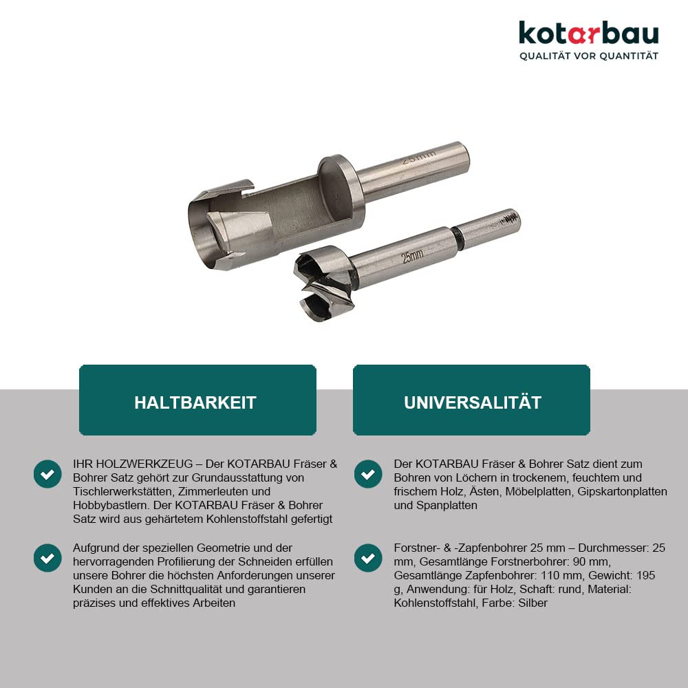 KOTARBAU® Set di frese e punte per legno, 25 mm, punte forstner, punte per trapano, trapano per potatura, fresa, punte per legno, punte per legno