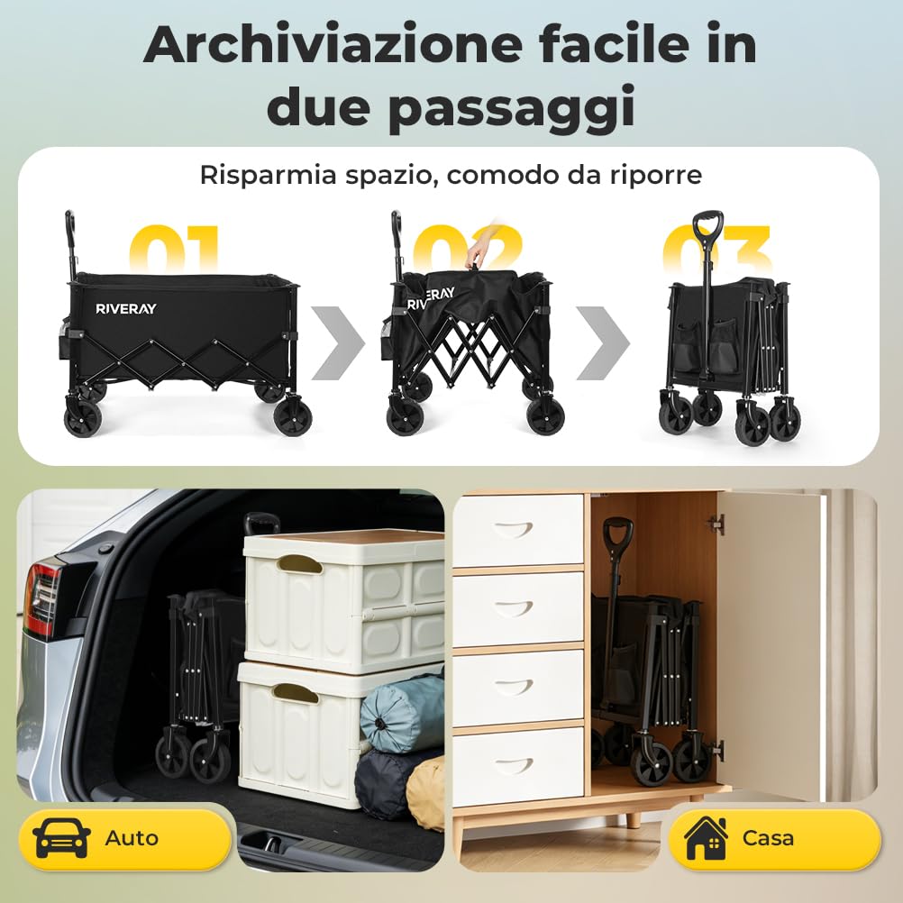 Carrello da Campeggio Pieghevole 120L – Portatile per Trekking ed Escursionismo con Maniglia Regolabile, Portata 100kg per Trasporto Attrezzatura Outdoor