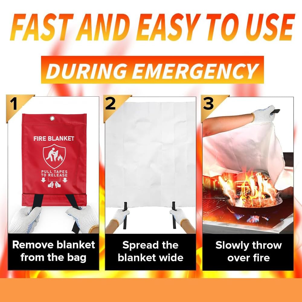Paquete de 2 mantas de emergencia resistentes al fuego (1 m²) | Herramienta de lucha contra incendios de fibra de vidrio con par de guantes para el hogar, coche, cocina, parrilla, oficina