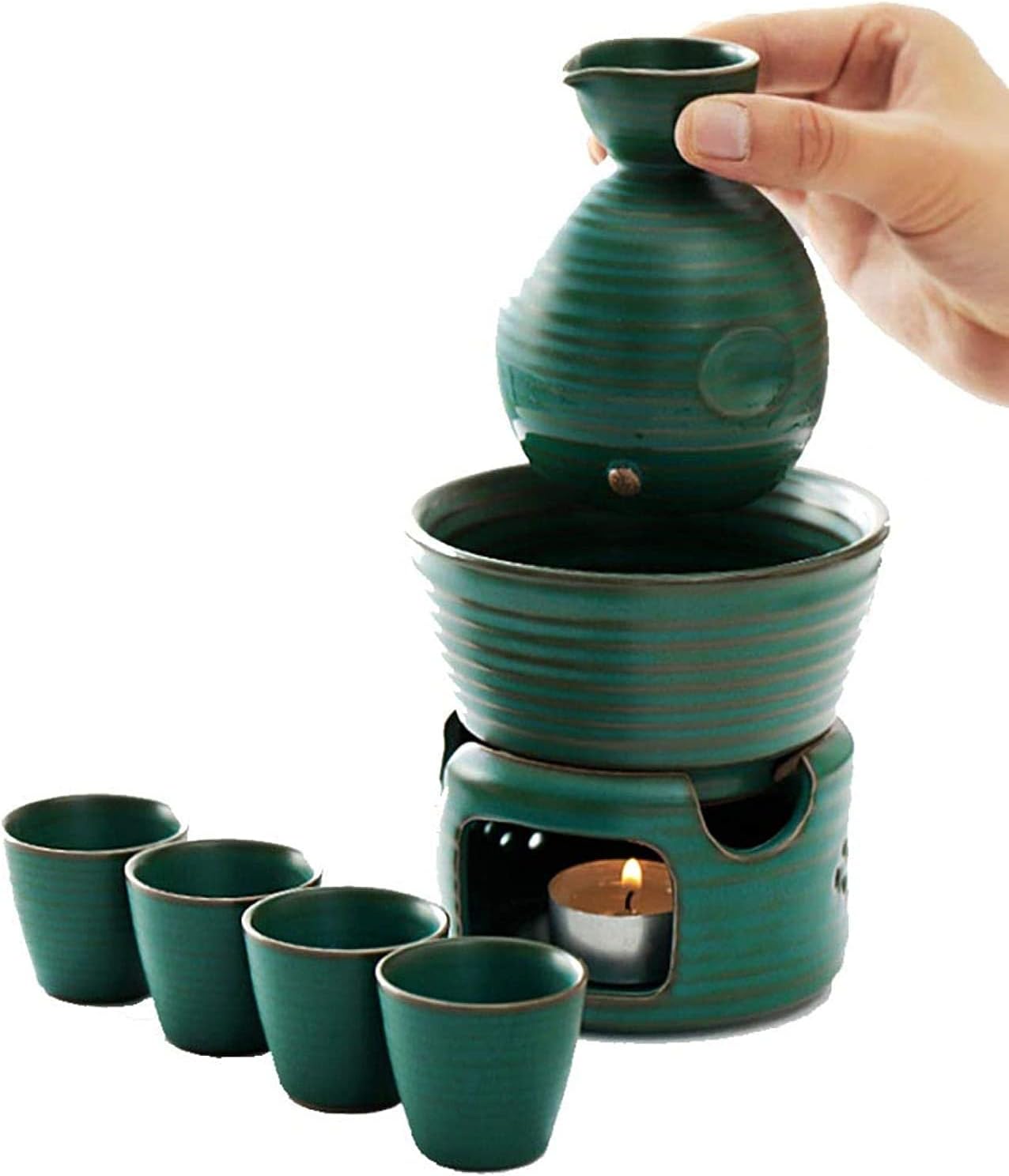 SXRC 7 Pieces Japanese Sake Set, with Warmer Pot and Candle