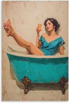 zxxpensy Woman Lying in A Cyan Bathtub Vintage Wall Art Poster Trendy Canvas Print Modern Painting Aesthetic Picture for Living Room Farmhouse Decor 12x18inch30x45cm Unframe