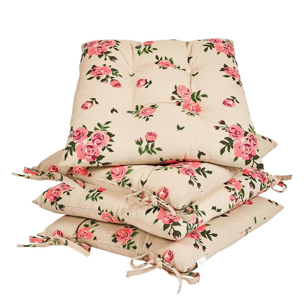 Dining Chair Seat Pad Set of 4 Tie On Floral Print Chair Cushions (Beige)