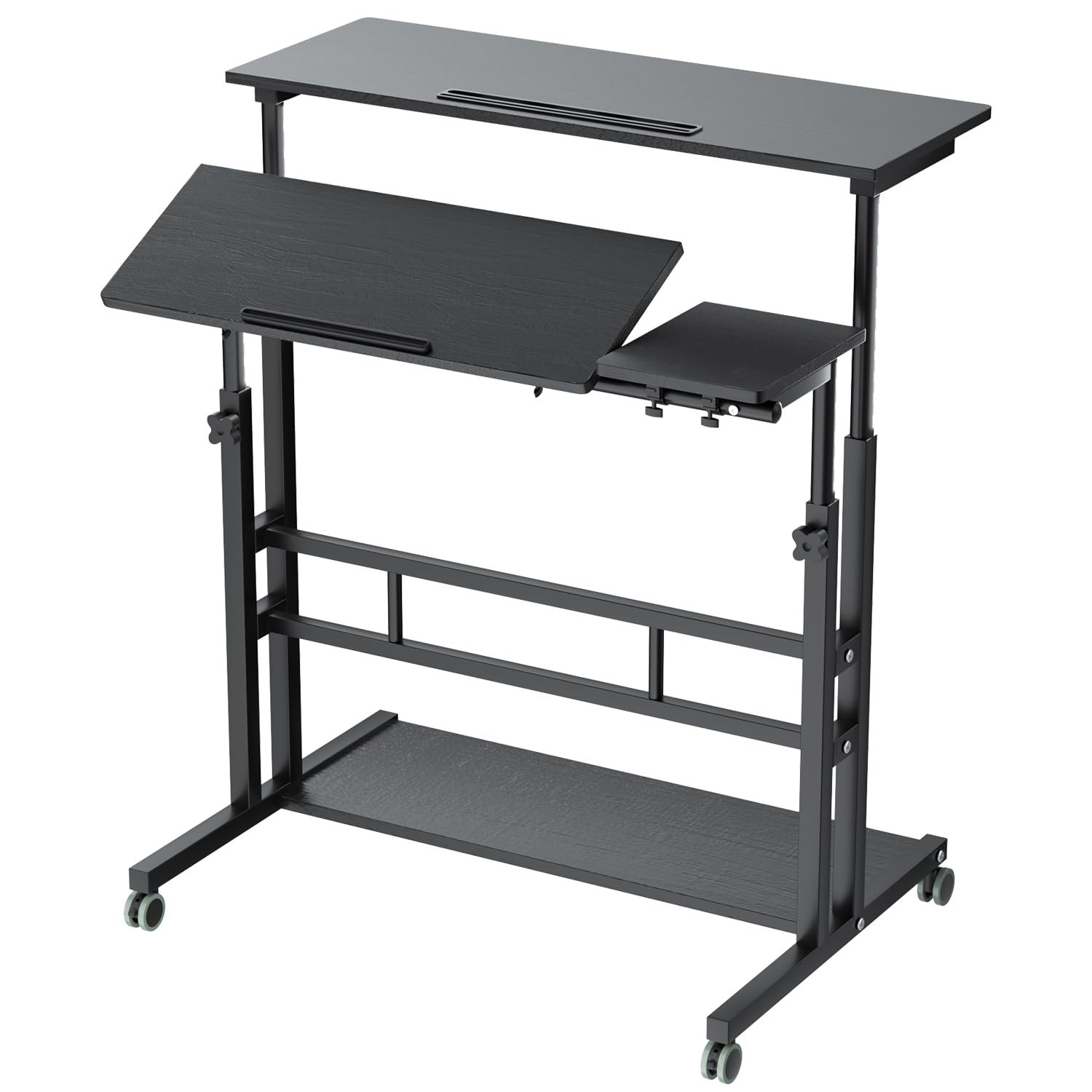 AIZ Adjustable Computer Rolling Desk Cart on Wheels Home Office Workstation, Portable Laptop Tall Table for Standing or Sitting, Black