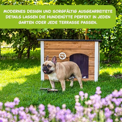 Outentin Hundehütte Outdoor Winterfest - Hundehaus für Mittelgroße Hund - Isoliert und Wetterfest - Hunde Haus für Draußen mit zum Öffnen Flachdach - Stabile und Moderne Villa - 76 x 60 x 60cm -Eiche