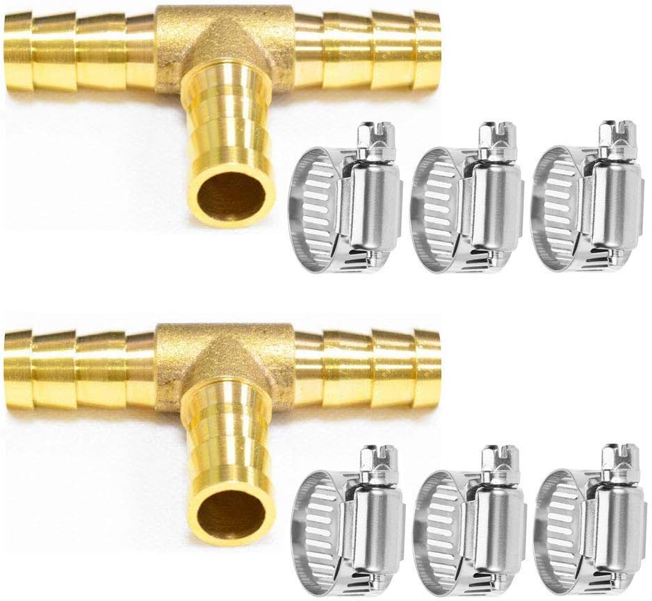 Da by 2 pcs 3/8"(10mm) Brass Tee Barb Fittings for 3/8" ID Hose,6 pcs Stainless Steel Pipe Clamps,3 Way Union Intersection for Water/Fuel/Air(T)