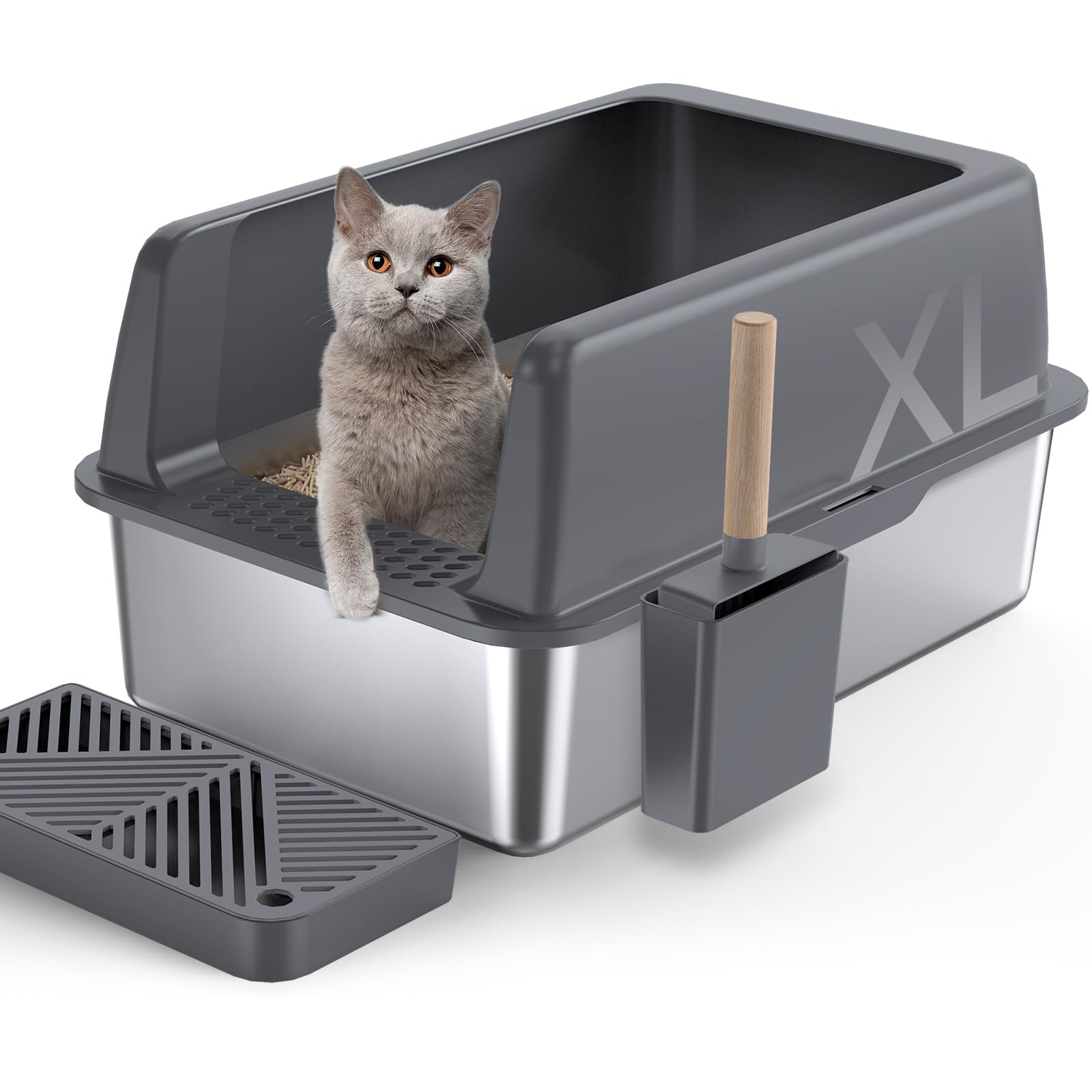 Gimars Lettiera per gatti in acciaio inox pedale, grigio scuro